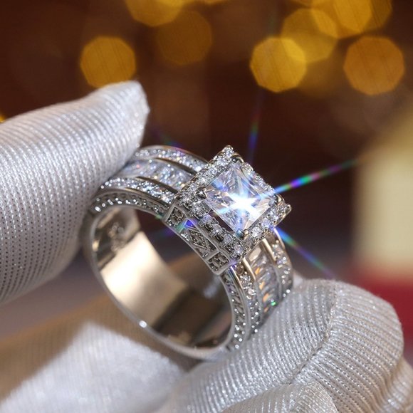 💞 Three Layer Full Zircon Square Anillos Princess Cut Rings for Women, PD194 - Picture 4 of 9